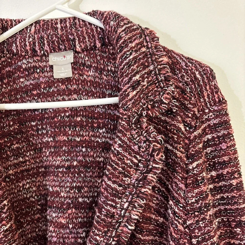 Chicos Size 3 Tweed Blazer Fringe Knit Maroon Winter Career‎ Professional Cotton